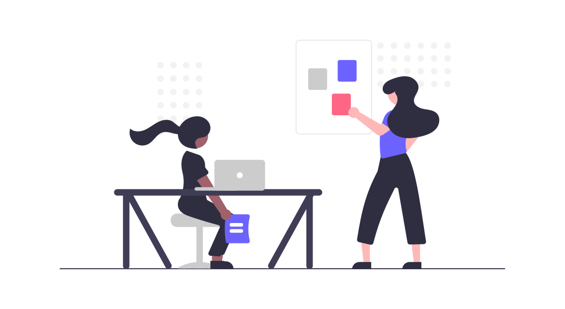 Two women are moving post it notes around the whiteboard